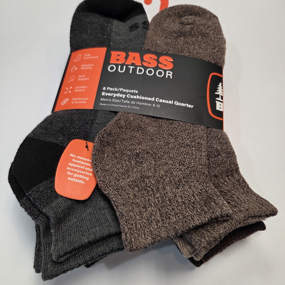 Bass Outdoor Men's Cushioned Casual Socks - Black, Gray, Brown Mens Sz 6-12